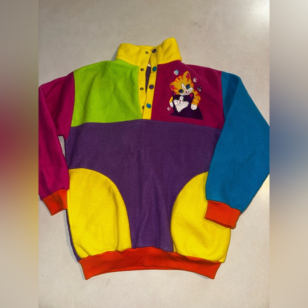 Vintage RARE Lisa Frank Fleece Pullover Adult Medium M Cats 90s 80s Colorblock